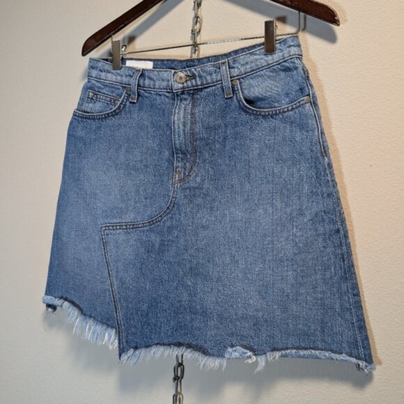 BLDWN Women Andie Frayed Fringe Asymmetric Hem Denim Jean High Waist Mini Sz 27 - Picture 2 of 8